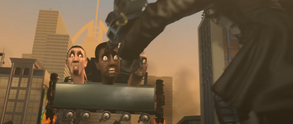The Jetpack Rocketeer Skibidi Bathtub about to be attacked by one of 's  projectiles.