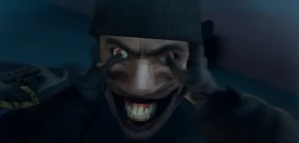 The Rocketeer Astro Toilet showing a creepy and sadistic smile while he is being grabbed by  before being violently thrown.