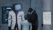 The Detective Cameraman grabbing a Human Scientist by his shoulders.