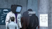 The Brown Speakerman breaking up the fight between the Scientist TV Man and the Detective Cameraman.