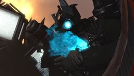 Titan Cameraman burning the  after grabbing him for trying to escape for noticing him and the other Titans.