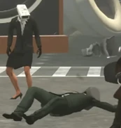 Camerawoman looking at the Green Suited Speakerman lying unconscious on the ground by the Glitch Skibidi Toilet.