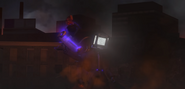 Large TV Man 2.0 about to throw Interceptor's head into a building.