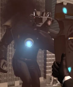 Titan Cameraman using his  to block out 's eye lasers.