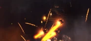 A Carrier Astro Toilet appearing in the distance, using his Gravity Gun Laser Cannons to destroy NYC, New York.