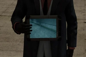 BlueSuitedCameramanShowingWithHisTablet