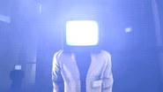Ditto, the Scientist TV Man flashes a bright blue light towards the POV-Cameraman.