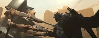The Bladewielder Strider Skibidi Toilet about to be killed by  after attempting to kill the titan by thrusting his  into the .
