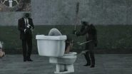 Yellow Tied Brown Suited Speakerman hitting a Quad-Claw Arm Skibidi Toilet using the Baseball Bat.
