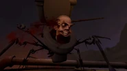 The Hexa-Claw Gray Skibidi Toilet having a shocked expression as he notices the one who threw the spear.