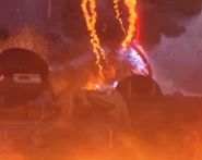 The Duchess Astro Toilet slamming a Camera Strider to the ground in the distance.