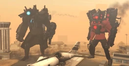 Both Titan Cameraman and  arriving at the  and preparing to fight the .