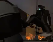 Отбрасывает Костолома Скибиди Туалета.