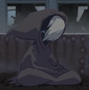 The cloaked figure with his hair blowing his face