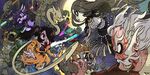Leviathan and Squigly along with Annie, Sagan, Big Band, Panzerfaust, and D. Violet battling against Skullgirl Selene and Undead Roberto.