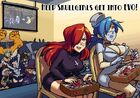 Official art of Parasoul getting into some friendly competition with Valentine in Skullgirls while Filia, Cerebella, Nadia, Peacock, Painwheel and Marie spectate