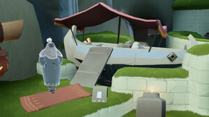 O Mercador Viajante Sonolento com seu barco na Aldeia Aviária