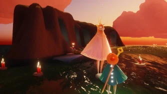 Um jogador usando a capa Journey com a Máscara Suprema da Gratidão