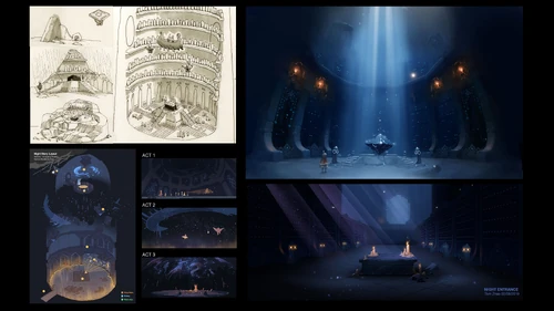 🎨 "Uma das ideias para a Floresta Oculta era que se tratava de um lugar sagrado onde se armazenavam fontes preciosas de luz. Essa ideia acabou influenciando o design da "Noite" (Relicário do Conhecimento), que foi inspirado em bibliotecas e planetários."