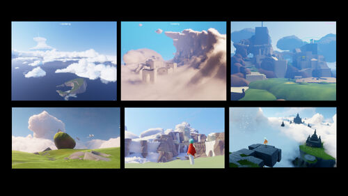 🎨 "Fizemos muitos experimentos com relação ao visual, à sensação e à história - desde um mundo todo em nuvens, passando por uma cadeia de ilhas, até uma ilha cheia de truques mecânicos. Em uma iteração, criamos um rochedo que foi parar no atual Campo de Borboletas da Campina."