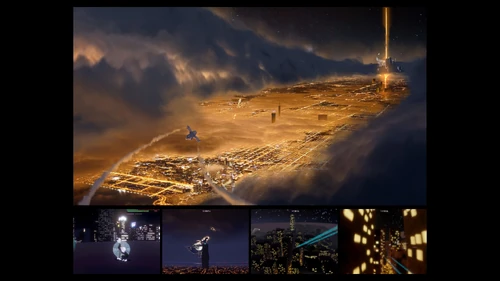 🎨 "Na fase anterior de desenvolvimento, criamos uma cidade moderna para o nível "Noite" (Relicário do Conhecimento). Sobrevoar as nuvens e mergulhar em uma cidade brilhante era muito mágico."