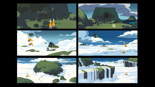 🎨 "Nessa fase, estudamos o bioma e os tipos de grama e rochas que existem em grandes altitudes, o que praticamente definiu a base das cores do nosso material de grama e penhasco."