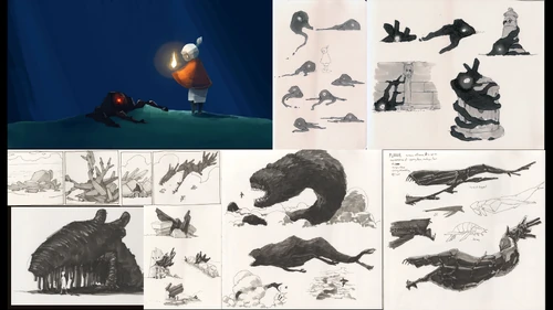 🎨 "Aqui está um conceito anterior do Dragão Sombrio, também conhecido como "krill". Sabíamos que queríamos algo assustador no jogo desde o início."