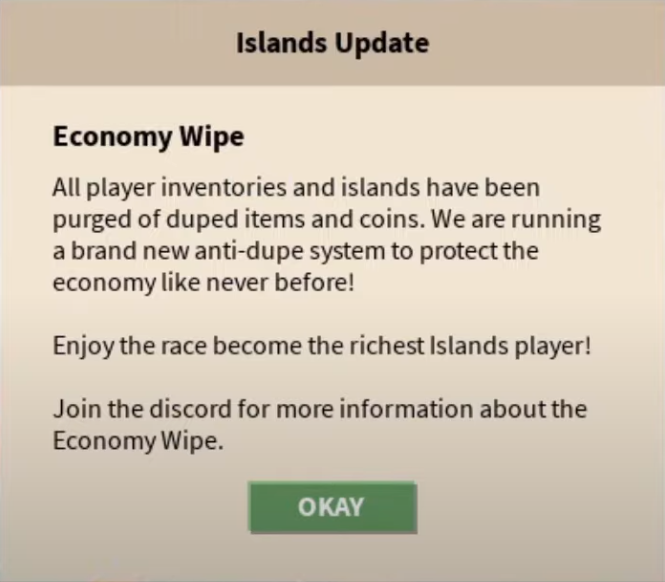 Economy Wipe Islands Wiki Fandom - roblox system message