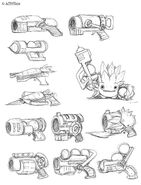 The concept stages of Food Fight's weapon that would eventually conclude with the tomato gun.