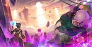 A Skylanders: Ring of Heroes depiction of Master Eon looking upon the destruction caused by the rifts