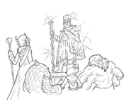 Master Eon and the Skylanders standing before an old statue of an imposing, tall version of Nefarion in Eruptor Meets the Nightmare King