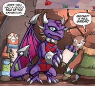 Cynder giving out autographs to her fans at the Rumbletown Arena in Skylanders Issue #6