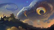 An early concept by Dave Phillipsof the Cloudbreather Dragon watching a Skylander on its massive back