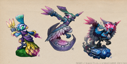 Few of Stormblade's concept designs, including her original peacock design and a concept idea of Stormblade being a Dark Skylander by Dave Phillips[1]