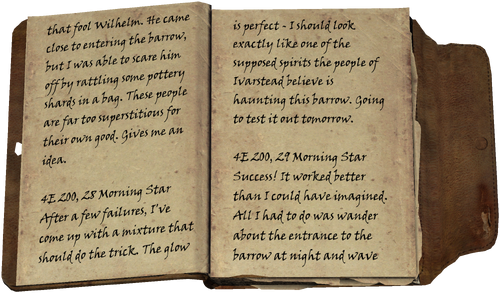 that fool Wilhelm. He came close to entering the barrow, but I was able to scare him off by rattling some pottery shards in a bag. These people are far too superstitious for their own good. Gives me an idea. / 4E 200, 28 Morning Star / After a few failures, I've come up with a mixture that should do the trick. The glow is perfect - I should look exactly like one of the supposed spirits the people of Ivarstead believe is haunting this barrow. Going to test it out tomorrow. / 4E 200, 29 Morning Star / Success! It worked better than I could have imagined