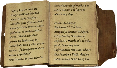 I don't know why I let Anders talk me into this plan. He said the place would be full of riches, but I have yet to see even a single gold coin. To make matters worse, I think the other priests are beginning to suspect we aren't who we say we are. If they discover we're posing as priests of Nocturnal, I'm sure they're not going to simply ask us to leave nicely. I'll have to watch my step. / As an "acolyte of Nocturnal," I've been assigned a mentor. Old dark elf fellow by the name of Lythelus. Maybe if I act the part, I can pry some information from him about the Pilgrim's Path. Anders swears to me that all of the temple's