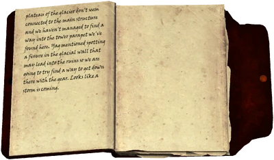 plateau of the glacier don't seem connected to the main structure and we haven't managed to find a way into the tower parapet we've found here. Yag mentioned spotting a fissure in the glacial wall that may lead into the ruins so we are going to try find a way to get down there with the gear. Looks like a storm is coming.