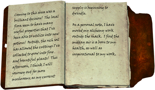 Coming to this area was a brilliant decision! The local flora seem to have many useful properties that I've been able to utilize into new potions! Outside, the rich soil has allowed the cuttings I've collected to grow into fine and bountiful plants! This afternoon, I think I will journey out for more mushrooms, as my current supply is beginning to dwindle. On a personal note, I have moved my alchemy work outside the shack. I find the midday air is a boon to my health, as well as inspirational to my work.