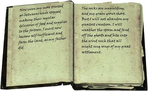 Now even my more trusted go-betweens have stopped making their regular deliveries of food and supplies to the fortress. I must now become self-sufficient and farm the land, as my father did. / The rocks are unyielding, and my grain grows short. But I will not abandon my greatest creation. I will weather the storm and fend off the ghosts and bite into the wind such that all might sing songs of my great settlement.