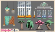 Concept art of some assets found in The Conservatory, including the Wide Emerald Trellis, several trees, lights, walls, and the "dome"