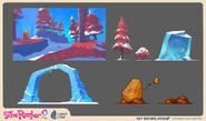 Concept art of some assets around Powderfall Bluffs, including Sun Sap