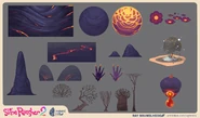 Concept art of some assets found in the Ember Valley, such as decayed trees, rocks, and flowers, aswell as the Lava Dust spout and Pepper Jam hive