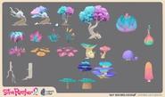 Concept art of some assets found in the Starlight Strand, such as trees, mushrooms, and flowers