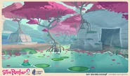 Concept art of an unimplemented pond, including a Puddle Slime in it's 'Lilypad' secret-style, which is not implemented yet