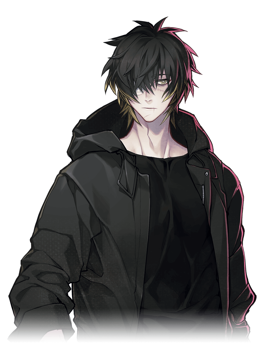 Anime boy with red and black hair with black hood wi