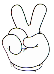 Hans' tag of a white hand holding up a peace sign