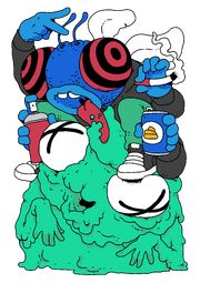 Mosca's tag, a fly's head with psychedelic eyes