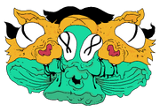 Two mirrored cat heads sharing a middle third eye
