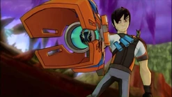 The possessed Eli aiming Joules as an Amperling at Kord Zane.