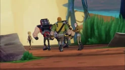 Locke, Lode and Andre walking away from Gar after Gar is revealed to be a fraud.